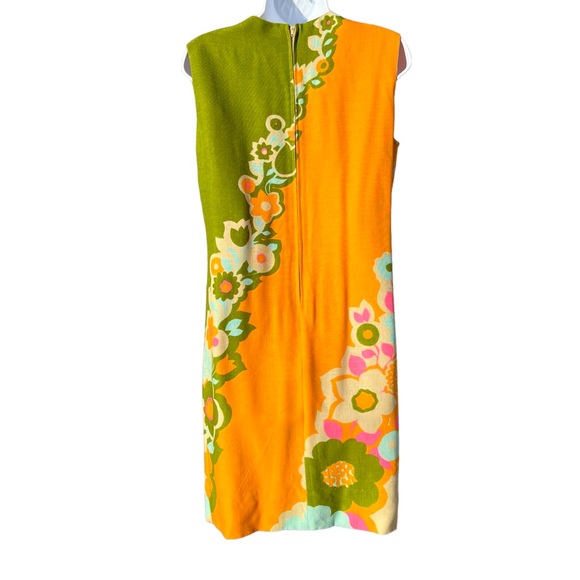 Vintage 60s Mod Floral Woven Shift Sheath Dress Tan Orange Green Pink - Picture 9 of 16